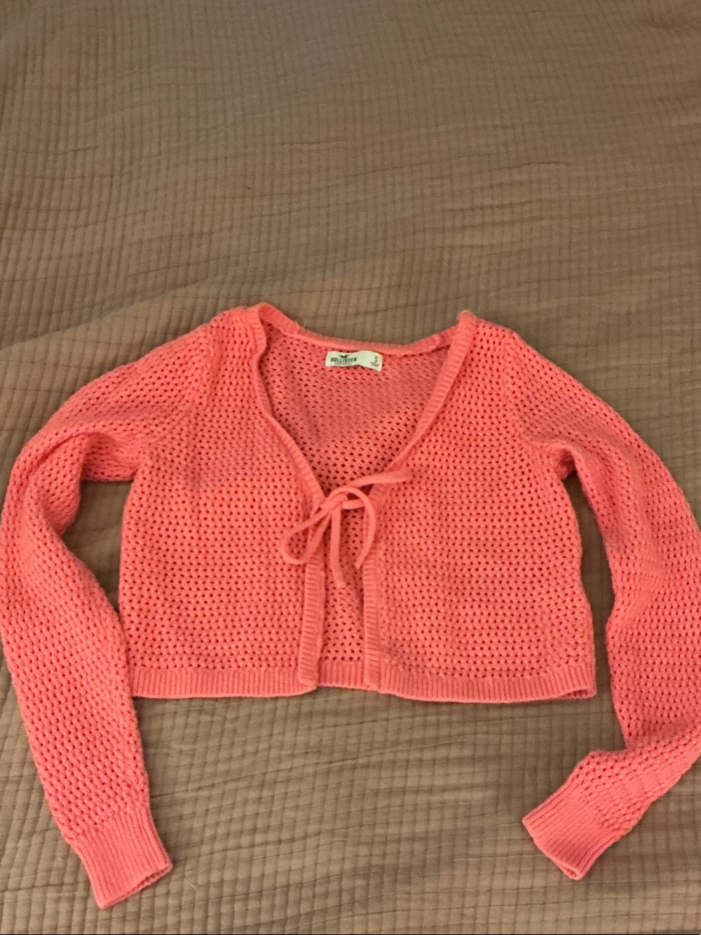 Hollister Coral Pink Open-Knit Tie-Front Cropped Cardigan